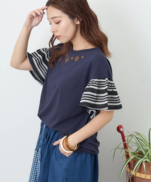 32/-OE天竺 カットソー 異素材 ベルスリーブ 胸刺繍 Tシャツ