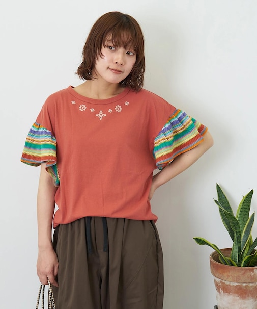 32/-OE天竺 カットソー 異素材 ベルスリーブ 胸刺繍 Tシャツ