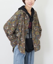 綿ボイル 総柄 プリント 袖ロールアップ シャツ