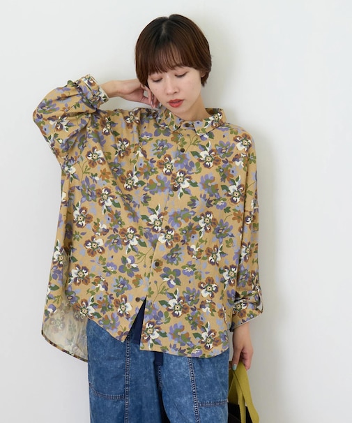 綿ボイル 総柄 プリント 袖ロールアップ シャツ