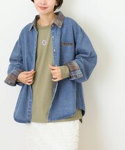 チェック 切替 デニム シャツ