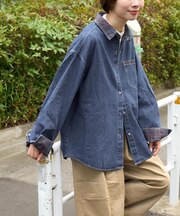 チェック 切替 デニム シャツ