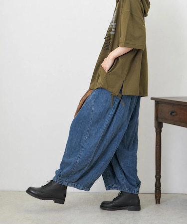 ケミカル加工 デニム ラウンド切替 バルーンパンツ