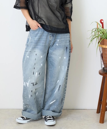 ペイント デニム ルーズ ストレート パンツ