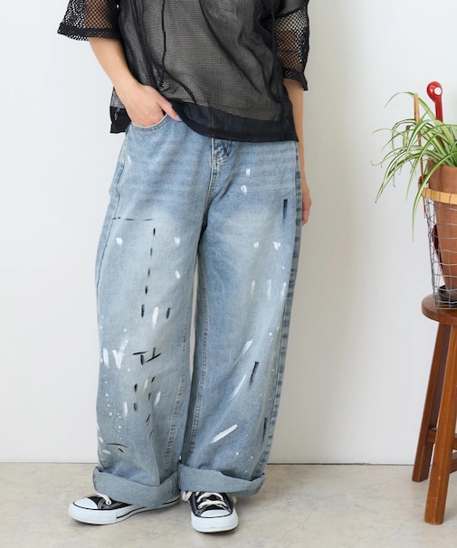 ペイント デニム ルーズ ストレート パンツ