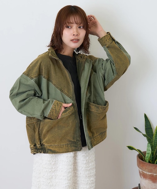 硫化染ツイル × ムラ糸ポプリン 切替 ジップ ジャケット