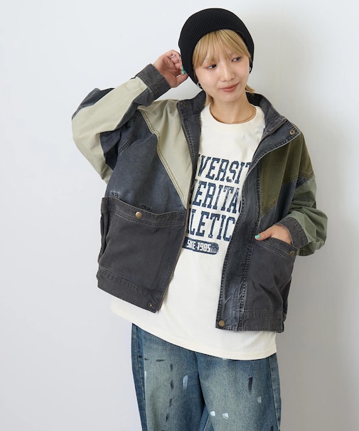硫化染ツイル × ムラ糸ポプリン 切替 ジップ ジャケット