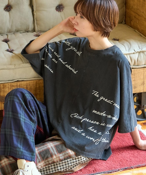 32/-OE天竺 パウダー加工 5分袖 ドルマン Tシャツ