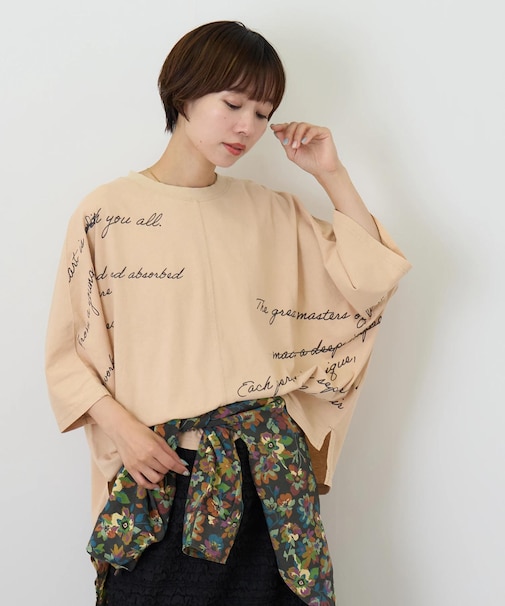 32/-OE天竺 パウダー加工 5分袖 ドルマン Tシャツ