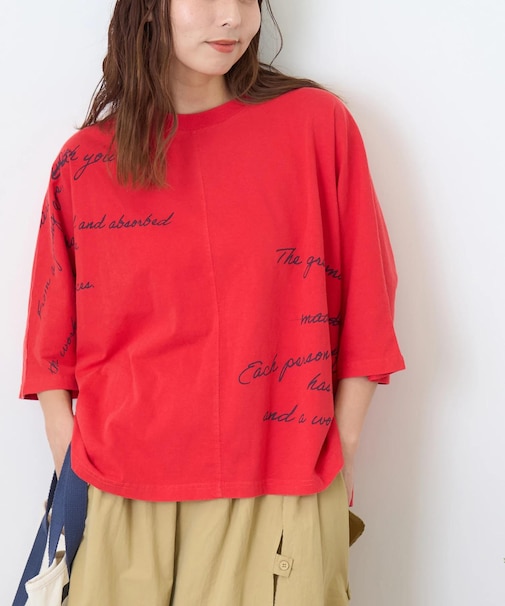 32/-OE天竺 パウダー加工 5分袖 ドルマン Tシャツ