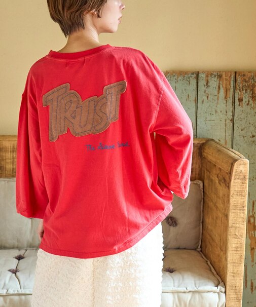 32/-OE天竺 パウダー加工 パッチロゴ 刺繍 Tシャツ