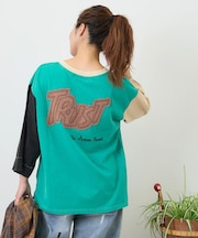 32/-OE天竺 パウダー加工 パッチロゴ 刺繍 Tシャツ