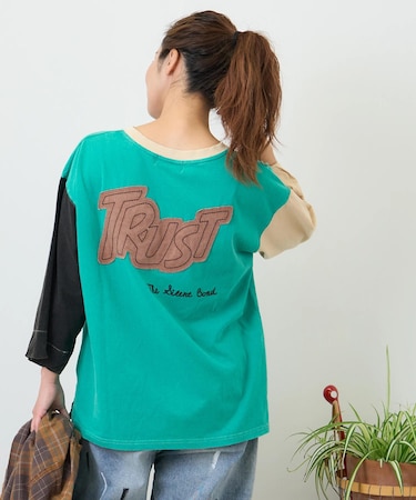32/-OE天竺 パウダー加工 パッチロゴ 刺繍 Tシャツ