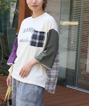 スラブ天竺 × 先染め チェック ポケ付 リメイク風 プルオーバー Tシャツ