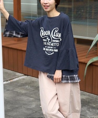 スラブ天竺 × 先染め チェック 裾フリル リメイク風 プルオーバー Tシャツ