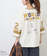 PEANUTS ( ピーナッツ )  32/-スラブ天竺 ライン入り 7分袖 プルオーバー Tシャツ