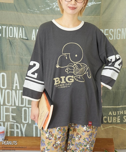 PEANUTS ( ピーナッツ )  32/-スラブ天竺 ライン入り 7分袖 プルオーバー Tシャツ