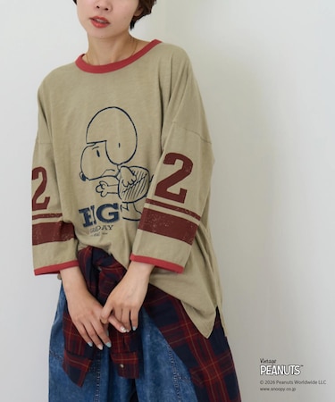 PEANUTS ( ピーナッツ )  32/-スラブ天竺 ライン入り 7分袖 プルオーバー Tシャツ