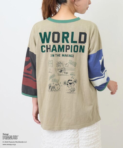 PEANUTS ( ピーナッツ )  32/-スラブ天竺 ライン入り 7分袖 プルオーバー Tシャツ