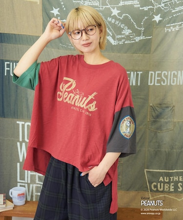PEANUTS ( ピーナッツ ) 32/-スラブ天竺 配色 ワイド Tシャツ