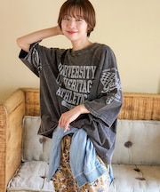 21/-OE天竺 パウダー加工 ラグラン 6分袖 ロゴプリント Tシャツ