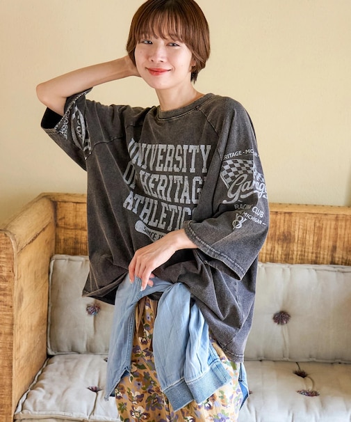 21/-OE天竺 パウダー加工 ラグラン 6分袖 ロゴプリント Tシャツ