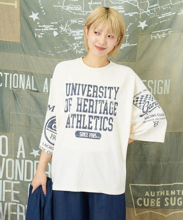 21/-OE天竺 パウダー加工 ラグラン 6分袖 ロゴプリント Tシャツ