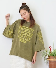 21/-OE天竺 パウダー加工 ラグラン 6分袖 ロゴプリント Tシャツ