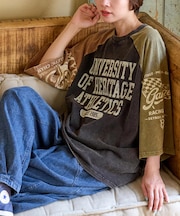 21/-OE天竺 パウダー加工 ラグラン 6分袖 ロゴプリント Tシャツ