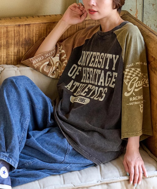 21/-OE天竺 パウダー加工 ラグラン 6分袖 ロゴプリント Tシャツ