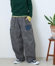 ツイル × ミニヘリンボン × デニム 硫化染め 切替 ペインティング ファティーグパンツ