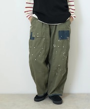 ツイル × ミニヘリンボン × デニム 硫化染め 切替 ペインティング ファティーグパンツ