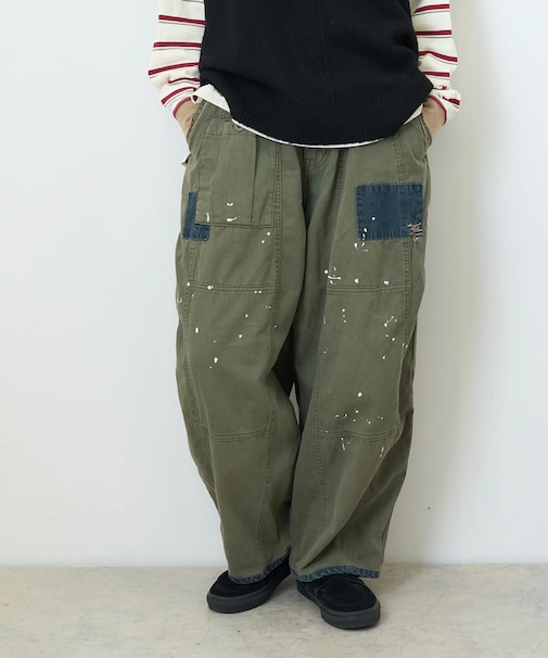 ツイル × ミニヘリンボン × デニム 硫化染め 切替 ペインティング ファティーグパンツ