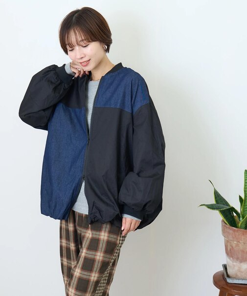 ナイロンツイル × デニム 切替 ブルゾン