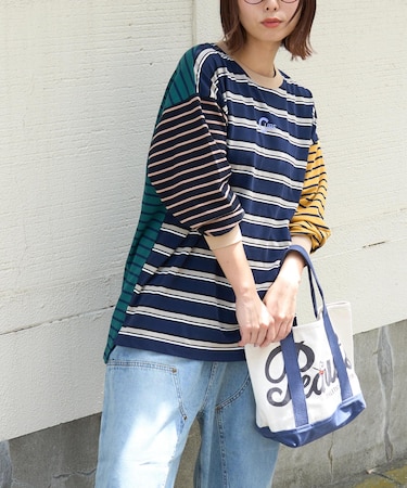 先染め ボーダー ロゴプリント ビッグTシャツ