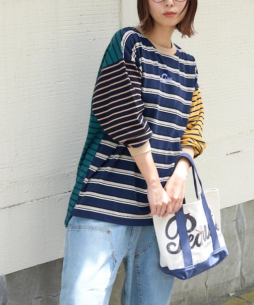 先染め ボーダー ロゴプリント ビッグTシャツ