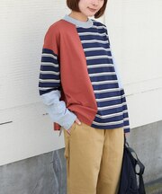 先染め ボーダー 切替 モックネック プルオーバー