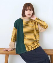 先染め ボーダー 切替 モックネック プルオーバー