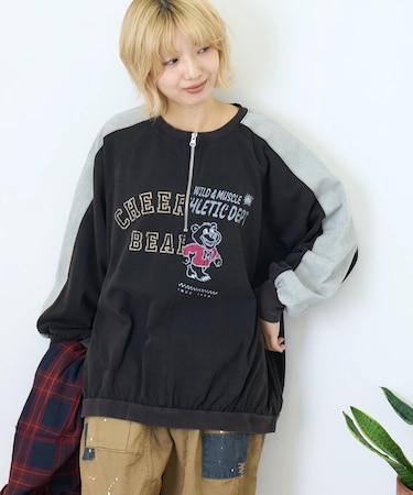 カットソー × ツイル ケミカルウォッシュ ハーフジップ プルオーバー
