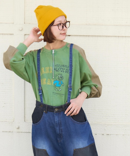 カットソー × ツイル ケミカルウォッシュ ハーフジップ プルオーバー