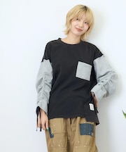 カットソー × ツイル ケミカルウォッシュ 袖ドロスト プルオーバー