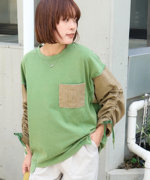 カットソー × ツイル ケミカルウォッシュ 袖ドロスト プルオーバー