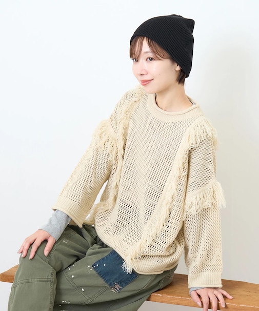 フリンジ ニット メッシュ プルオーバー