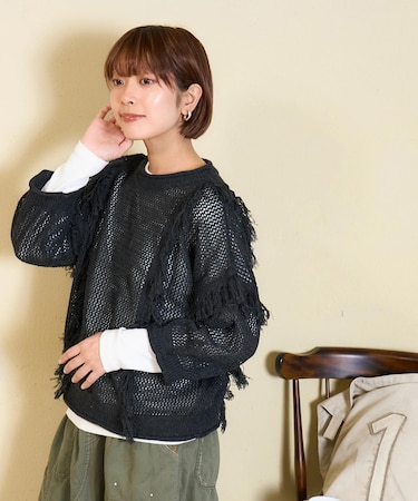 フリンジ ニット メッシュ プルオーバー