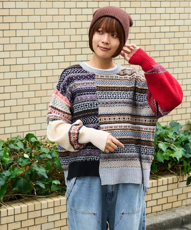 ピーチヤーン ジャガード 切替 プルオーバー ニット