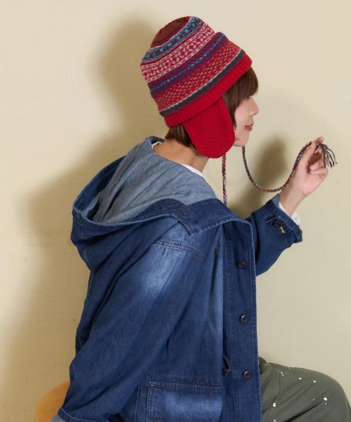 ピーチヤーン ジャガード 耳当て付き ニット キャップ