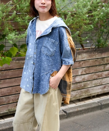 デニム × ドット × チェック 5分袖 フード シャツ