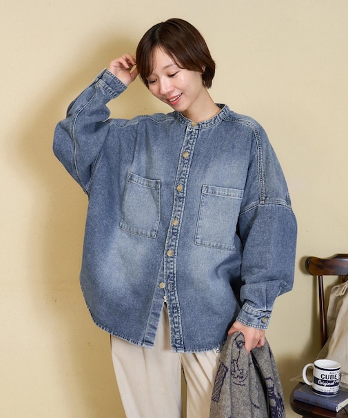 9.5オンス デニム スタンドカラー ワイドシャツ