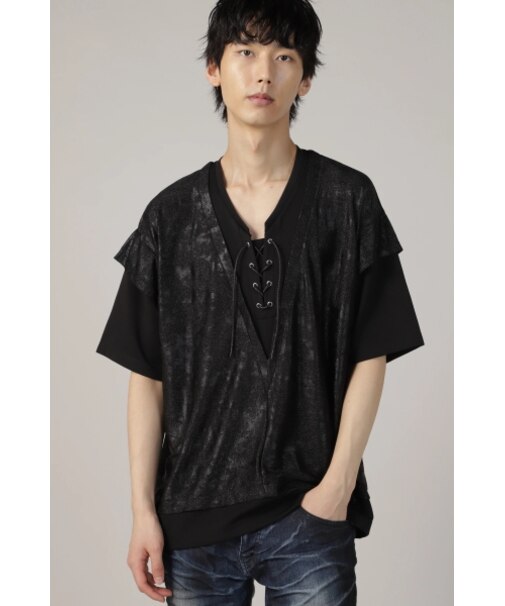 TORNADO MART∴レイヤーレースアップタイドシャドー箔半袖カットソー