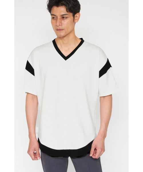 TORNADO MART∴ダイヤプリーツタックJQ半袖Vネックカットソー